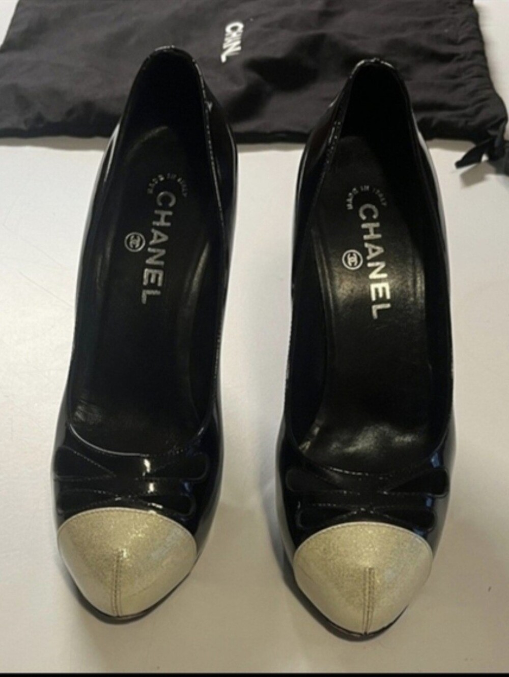 CHANEL Black Patent Pumps with Gold Cap Toe - Picture 2 of 10